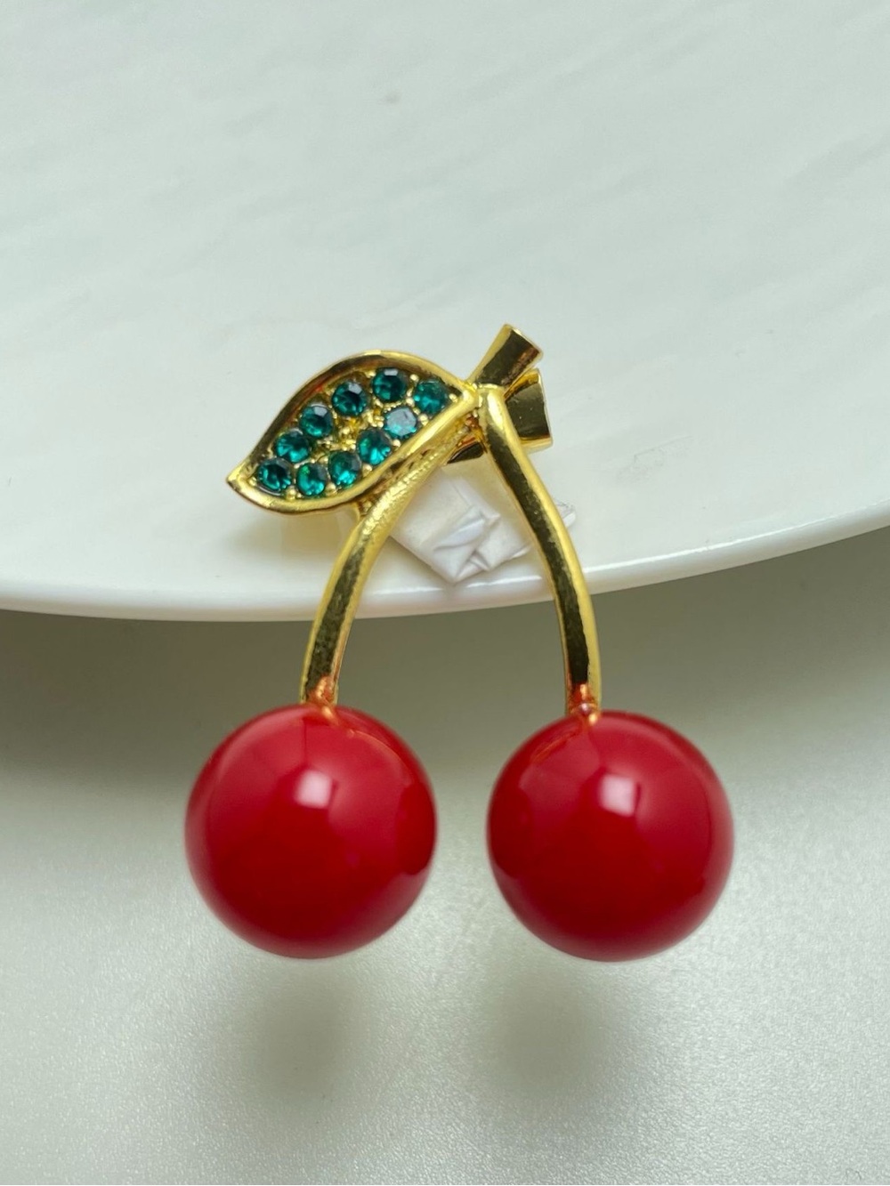 Cherry Brooch Pin – Red Cherry Gold Tone Brooch with Rhinestone Leaf,